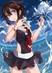  1girl :o ahoge bangs blue_eyes blush bow braid breasts brown_hair cloud day eyebrows_visible_through_hair hair_bow hair_flaps hair_ornament highres kantai_collection one-piece_swimsuit open_mouth remodel_(kantai_collection) shigure_(kantai_collection) single_braid skirt sky solo splashing sugue_tettou swimsuit swimsuit_under_clothes twitter_username water wet 