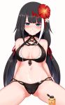  1girl alternate_costume ass_visible_through_thighs asuto3 azur_lane bare_shoulders bikini black_bikini black_hair blue_eyes blush breasts cameltoe cleavage commentary_request deutschland_(azur_lane) deutschland_(service_time?!)_(azur_lane) eyebrows_visible_through_hair flower grin hair_flower hair_ornament highres long_hair looking_at_viewer lotion lotion_bottle medium_breasts midriff mole mole_on_stomach multicolored_hair navel red_hair simple_background sitting smile solo spread_legs straight_hair suggestive_fluid swimsuit thighs white_background white_hair 