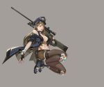  1girl breasts brown_hair cleavage fingerless_gloves gloves grey_background gun hat highres j._won_han long_hair over_shoulder peaked_cap rifle shorts simple_background sniper_rifle solo source_request thighhighs weapon weapon_over_shoulder 