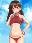  1girl alternate_hairstyle bangs blush brown_eyes brown_hair cloud day eyebrows_visible_through_hair flat_chest food food_in_mouth hand_on_hip highres hip_bones holding holding_food kantai_collection long_hair midriff navel popsicle red_swimsuit ryuujou_(kantai_collection) sky solo swimsuit tsusshi 