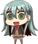  1girl :d aqua_hair bow bowtie brown_jacket brown_legwear brown_skirt cardigan chibi full_body green_eyes hair_ornament hairclip jacket kantai_collection long_hair looking_at_viewer open_cardigan open_clothes open_mouth parody pleated_skirt red_neckwear remodel_(kantai_collection) riyo_(lyomsnpmp)_(style) school_uniform simple_background skirt smile solo style_parody suien suzuya_(kantai_collection) thighhighs vest white_background 