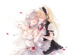  2girls apron bangs bare_shoulders blonde_hair braid breasts bridal_veil bride choker cleavage closed_eyes commentary_request dress elbow_gloves g36_(girls_frontline) g36c_(girls_frontline) girls_frontline gloves hair_over_one_eye hat large_breasts long_hair maid_apron maid_headdress multiple_girls necktie open_mouth petals red_neckwear rose_petals shuzi siblings side_braid silver_hair simple_background sisters smile strapless strapless_dress tears veil very_long_hair waist_apron wedding_dress white_apron white_background white_dress white_gloves yuri 