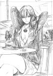  absurdres arms_behind_head breasts chair cleavage commentary_request crossed_legs demon_horns fate/grand_order fate_(series) food hair_over_one_eye highres hood horns jewelry kojima_takeshi large_breasts long_hair long_sleeves looking_at_viewer monochrome necklace oda_nobunaga_(maou_avenger)_(fate) oda_uri open_clothes open_mouth open_shirt pointing saint_martha sandwich sesshouin_kiara shorts side_ponytail sitting sketch standing 