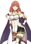  1girl absurdres black_legwear boots breasts cape celica_(fire_emblem) cowboy_shot detached_collar dress earrings elbow_gloves fingerless_gloves fire_emblem fire_emblem_echoes:_shadows_of_valentia gloves gozaru hand_on_hip highres jewelry lips long_hair looking_at_viewer medium_breasts miniskirt pelvic_curtain red_eyes red_hair simple_background skirt solo thigh_boots thighhighs tiara white_background white_dress white_footwear wrist_guards zettai_ryouiki 