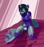  2019 anthro balls black_hair bodily_fluids bodysuit clothed clothing collar digital_drawing_(artwork) digital_media_(artwork) duct_tape egg_vibrator felid fixed_toy fixed_vibrator fur glistening green_fur green_penis grey_fur hair hi_res male mammal markings multicolored_fur multicolored_hair muzzle_(object) muzzled pantherine penis peskybatfish purple_collar purple_fur purple_hair rubber sex_toy simple_background skinsuit snow_leopard solo sweat tape tight_clothing two_tone_hair unseen_character vibrator yukiyho 