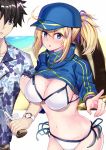  1boy 1girl :o afterimage ahoge ahoge_wag arm_grab artoria_pendragon_(all) bangs baseball_cap beach bikini black_hair blue_eyes blue_headwear blue_ribbon blue_shirt blush breasts bubble_tea cleavage commentary_request cowboy_shot cup disposable_cup double_vertical_stripe expressive_hair fate/grand_order fate_(series) floral_print fujimaru_ritsuka_(male) hair_between_eyes hat hawaiian_shirt high_collar highres holding holding_cup large_breasts long_hair long_sleeves looking_at_viewer motion_lines mysterious_heroine_xx_(foreigner) navel ninoude_(ninoude44) open_mouth outdoors outside_border palm_tree pointing pointing_at_viewer ponytail print_shirt ribbon shirt shrug_(clothing) side-tie_bikini sidelocks solo_focus stomach swimsuit tree watch white_bikini wristwatch zipper 