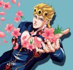  1boy blonde_hair blue_background blue_clothes blue_eyes braid bug flower giorno_giovanna insect jojo_no_kimyou_na_bouken ladybug looking_at_viewer male_focus open_hand outstretched_hand petals shooarashi simple_background solo 