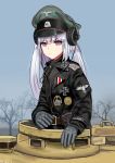  1girl absurdres bare_tree bird commentary_request eagle german_commentary german_text girls_frontline gloves ground_vehicle hat highres iron_cross medal mg42_(girls_frontline) military military_jacket military_uniform military_vehicle motor_vehicle panzerkampfwagen_panther peaked_cap pk-971 purple_eyes silver_hair skull_and_crossbones solo tank tree uniform wehrmacht world_war_ii 