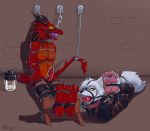  2019 ai-yue ambiguous_gender anthro arms_tied ball_gag bdsm black_nose bodily_fluids bondage bound canid canine canis chain clothing collar digital_media_(artwork) dragon drooling duo frogtied gag gagged hands_behind_back harness_ball_gag hi_res legs_tied male mammal metal_collar muzzle_(object) pawpads penile penis penis_milking peskybatfish pink_collar pink_pawpads rope rope_bondage rory_(ilovefeetandpaw) rubber rubber_suit saliva saliva_string sitting stocks tail_bondage toes_tied wolf yellow_eyes 