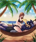  2019 absurd_res anthro beach bikini blue_eyes breasts brown_hair cleavage clothed clothing digital_media_(artwork) donutella duo female greninja hair hammock hi_res human long_hair lying mammal nintendo on_front outside palm_tree pok&eacute;mon pok&eacute;mon_(species) seaside sky sun swimming_trunks swimwear tree video_games water 