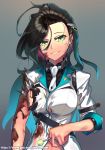  1girl arm_at_side arm_belt black_hair black_shirt blood blue_hair breasts burn burnt_clothes candy damaged dirty_clothes earrings eyelashes eyeshadow food girls_frontline gradient_hair green_eyes grey_background grin hair_ornament highres hip_focus holding_lollipop hoop_earrings injury jacket jewelry lapel_pin leonat lipstick lollipop long_hair looking_at_viewer makeup medium_breasts mullet multicolored_hair no_gloves parted_lips patreon_username python_(girls_frontline) shirt sideboob smile solo star_pin stud_earrings torn_clothes torn_jacket torn_shirt upper_body very_long_hair watermark white_jacket white_neckwear yellow_eyeshadow yellow_lipstick 