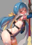  1girl ahoge bangs blue_hair blunt_bangs blush breasts breath contrapposto covered_navel cowboy_shot drooling elbow_gloves epic7 from_side full-face_blush gloves grey_background hair_ribbon heavy_breathing highres horns leaning_forward long_hair low_twintails mx2j_(nsh6394) pelvic_curtain polearm ravirihiseea_vizzall_(epic7) red_eyes ribbon saliva sideboob simple_background small_breasts solo sweat thighlet twintails very_long_hair weapon 
