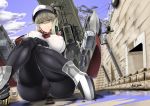  1boy 1girl aircraft black_gloves blonde_hair blue_eyes breasts covered_nipples day dock frown giantess gloves graf_zeppelin_(kantai_collection) grey_shirt hat headgear helicopter highres kantai_collection large_breasts long_hair looking_at_viewer microphone missile outdoors panties pantyhose pantyshot pantyshot_(sitting) peaked_cap red_neckwear rigging rudder_footwear saizu_nitou_gunsou see-through shirt sidelocks sitting size_difference solo_focus taut_clothes thighband_pantyhose twintails underwear 