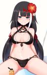  1girl alternate_costume ass_visible_through_thighs asuto3 azur_lane bare_shoulders bikini black_bikini black_hair blue_eyes blush breasts cameltoe cleavage deutschland_(azur_lane) deutschland_(service_time?!)_(azur_lane) eyebrows_visible_through_hair flower grin hair_flower hair_ornament highres long_hair looking_at_viewer lotion lotion_bottle medium_breasts midriff mole mole_on_stomach multicolored_hair navel red_hair simple_background sitting smile solo spread_legs straight_hair suggestive_fluid swimsuit thighs white_background white_hair 