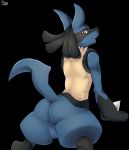  2019 anthro backsack balls biped black_fur blue_balls blue_fur canid canine fur hi_res looking_at_viewer looking_back lucario male mammal nintendo nude open_mouth perineum pok&eacute;mon pok&eacute;mon_(species) red_eyes solo teeth tongue video_games yellow_fur zi_ran 