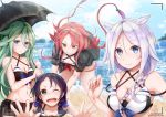  4girls :d ;d ahoge alternate_costume asymmetrical_bangs baileys_(tranquillity650) bangs bare_shoulders beach bikini black_jacket blue_eyes blue_hair blue_sky blush braid breasts cleavage closed_mouth cloud collarbone day eyebrows_visible_through_hair floating_hair frown gradient_hair green_eyes green_hair grin hair_between_eyes hair_flaps hair_ornament hair_ribbon hairband hairclip hands_up highres holding holding_umbrella jacket kantai_collection kawakaze_(kantai_collection) long_hair looking_at_viewer low_twintails medium_breasts messy_hair mole mole_under_eye multicolored multicolored_bikini multicolored_clothes multicolored_hair multiple_girls ocean one_eye_closed open_clothes open_jacket open_mouth outdoors parasol parted_bangs pov red_hair remodel_(kantai_collection) ribbon sand short_hair sidelocks signature silver_hair single_braid sky small_breasts smile suzukaze_(kantai_collection) swimsuit twin_braids twintails twitter_username umbrella umikaze_(kantai_collection) very_long_hair viewfinder yamakaze_(kantai_collection) yellow_eyes 