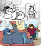  2019 angry anthro belly blue_fur bottomwear bulge clothing detailed_background duo fur hat headgear headwear hi_res humanoid_hands male mammal moobs navel nipples overweight overweight_male pants shirt sofa tony_comics topwear underwear ursid 