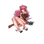  1girl ahoge ascot ass black_jacket bow crying full_body girls_frontline gun hair_intakes hair_ribbon hand_on_own_chest jacket legs long_hair looking_at_viewer messy_hair off_shoulder official_art one_eye_closed pink_eyes pink_hair red_bow ribbon rifle shirt sitting sleeves_past_wrists solo striped striped_ribbon tailcoat thigh_strap thighs torn_clothes torn_ribbon torn_shirt transparent_background wavy_hair weapon wz.29 wz.29_(girls_frontline) zuizi 
