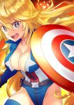  1girl adapted_costume avengers belt blonde_hair blue_eyes blue_legwear blue_leotard breasts captain_america captain_america_(cosplay) cleavage commentary_request cosplay cowboy_shot fire iowa_(kantai_collection) kantai_collection large_breasts leotard long_hair looking_at_viewer marvel open_clothes open_mouth shield solo superhero thighhighs trait_connection upper_teeth yumi_yumi 
