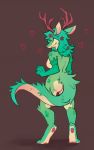  &lt;3 2018 3_fingers anthro big_tail breasts digital_media_(artwork) dragon eyelashes female fingers fur green_fur green_hair hair hi_res horn knee_tuft nude pawpads paws rear_view retros simple_background smile spots standing tail_tuft tuft yellow_fur 
