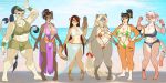 abs anthro beach big_breasts breasts chest_tuft cleavage clothed clothing cougar felid feline female group hi_res lion mammal pantherine seaside swimwear tuft vkyrie 