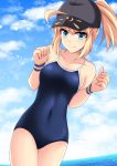  1girl ahoge artoria_pendragon_(all) baseball_cap blonde_hair blue_eyes blue_headwear blue_sky blue_swimsuit cloud commentary_request competition_school_swimsuit cowboy_shot cross_(crossryou) day fate/grand_order fate_(series) hair_through_headwear hat horizon looking_at_viewer mysterious_heroine_xx_(foreigner) ocean outdoors ponytail school_swimsuit sky smile solo standing swimsuit wristband 
