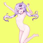  1girl absurdres bangs blush breasts commentary_request eyebrows_visible_through_hair hair_ornament highres long_hair looking_at_viewer navel nipples nude pon_(shind_997) purple_eyes purple_hair short_hair_with_long_locks simple_background small_breasts smile solo twintails vocaloid voiceroid yellow_background yuzuki_yukari 