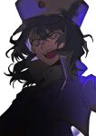  1girl andou_(girls_und_panzer) bangs bc_freedom_(emblem) bc_freedom_military_uniform black_hair blue_headwear blue_jacket blue_vest dark_skin emblem girls_und_panzer hat high_collar jacket long_sleeves looking_at_viewer medium_hair messy_hair open_mouth shako_cap simple_background smile solo tama_launcher teeth tongue vest white_background 