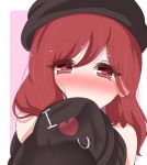  1girl bangs bare_shoulders beret black_headwear black_shirt blush border clothes_writing commentary english_commentary eyebrows_visible_through_hair eyelashes hair_between_eyes hat heart heart-shaped_pupils hecatia_lapislazuli holding_clothes long_hair looking_at_viewer nose_blush off_shoulder outside_border pink_background portrait red_eyes red_hair shirt simple_background solo symbol-shaped_pupils t-shirt touhou white_border yukome 