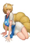  5_tails absurd_res animal_humanoid blonde_hair blush bodily_fluids breasts canid canid_humanoid canine canine_humanoid chanta clothed clothing dress female fox_humanoid hair hi_res humanoid inner_ear_fluff mammal mammal_humanoid multi_tail open_mouth ran_yakumo short_hair sitting slit_pupils solo sweat sweatdrop teeth tongue touhou video_games yellow_eyes 
