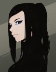 1girl artist_name black_hair blue_eyes close-up closed_mouth ergo_proxy eyeshadow face grey_background ilya_kuvshinov_(style) koyorin lips long_hair looking_at_viewer makeup profile re-l_mayer simple_background solo two-tone_background 