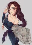  1girl bangs bare_shoulders black-framed_eyewear black_dress blush breasts brown_hair cleavage collarbone consort_yu_(fate) dress fate/grand_order fate_(series) glasses grey_background large_breasts long_hair long_sleeves looking_at_viewer open_mouth ribbed_dress shawl simple_background solo very_long_hair xiaozuo_cang 