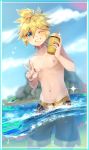  1boy banana beach blonde_hair blue_eyes blue_sky bubble cloud cloudy_sky cup disposable_cup drinking_straw ei_flow food fruit highres holding holding_cup kagamine_len looking_at_viewer male_focus midriff navel ocean partially_submerged partially_underwater_shot rock shirtless shorts sky smile smoothie solo sparkle spiked_hair splashing swimwear vocaloid w water 