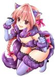  1boy animal_ears asazuki_norito astolfo_(fate) bangs bare_shoulders blush bow braid claw_pose claws cosplay dangerous_beast elbow_gloves fate/apocrypha fate/grand_order fate_(series) fur-trimmed_gloves fur-trimmed_legwear fur_collar fur_trim gloves hair_between_eyes hair_intakes halloween_costume long_braid long_hair looking_at_viewer mash_kyrielight mash_kyrielight_(cosplay) multicolored_hair o-ring open_mouth otoko_no_ko pink_bow pink_hair purple_eyes purple_gloves purple_legwear revealing_clothes simple_background single_braid snowflake_print solo streaked_hair tail thighs white_background wolf_ears wolf_tail 