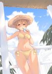  1girl bare_arms bare_shoulders bikini bird blue_sky breasts brown_eyes brown_hair cleavage cloud cloudy_sky collarbone commentary day food front-tie_bikini front-tie_top groin hat highres holding holding_food looking_at_viewer maka_neko medium_breasts miru_annin miru_annin_channel navel outdoors parted_lips popsicle short_hair side-tie_bikini sky solo standing stomach straw_hat swimsuit thighs virtual_youtuber yellow_bikini 