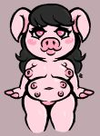  2019 anthro black_hair blush breasts digital_media_(artwork) domestic_pig female fingers hair hooved_fingers long_hair mammal multi_nipple nipples nude pink_eyes pink_skin pseudofaun short_stack signature simple_background slightly_chubby smile solo solo_focus standing suid suina sus_(pig) toony 