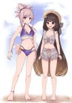  2girls absurdres anklet ball bangs bare_shoulders barefoot beachball bikini black_bikini blush bracelet breasts brown_eyes brown_hair cleavage earrings eyebrows_visible_through_hair fate/grand_order fate_(series) full_body grey_swimsuit hane_yuki hat highres jewelry layered_bikini long_hair looking_at_viewer miyamoto_musashi_(fate/grand_order) multiple_girls nail_polish navel osakabe-hime_(fate/grand_order) pink_hair purple_bikini purple_eyes short_ponytail smile standing swept_bangs swimsuit very_long_hair 