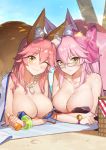  2girls ;) animal_ear_fluff animal_ears bangle bangs beach beach_mat bikini blush bottle bow bracelet breasts cleavage day duan_henglong fate/grand_order fate_(series) fox_ears fox_girl fox_tail glasses hair_bow hair_ribbon highres holding holding_bottle jewelry koyanskaya large_breasts long_hair looking_at_viewer lotion lying multiple_girls on_stomach one_eye_closed outdoors pink_hair ribbon sand smile swimsuit tail tamamo_(fate)_(all) tamamo_no_mae_(fate) tamamo_no_mae_(swimsuit_lancer)_(fate) untied untied_bikini very_long_hair yellow_eyes 