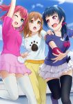  3girls :o ;d arm_up black_legwear blue_eyes blue_hair blue_shirt brown_hair hair_over_shoulder hand_on_another&#039;s_shoulder highres holding_hands kunikida_hanamaru kurosawa_ruby layered_skirt leg_up long_hair love_live! love_live!_sunshine!! miniskirt multiple_girls off-shoulder_shirt off_shoulder one_eye_closed open_mouth outdoors paw_print pink_eyes pink_shirt pink_skirt pleated_skirt ponytail prbili print_shirt red_hair shirt short_hair short_sleeves skirt smile standing standing_on_one_leg thighhighs tsushima_yoshiko twintails wavy_mouth white_legwear white_shirt white_skirt wristband yellow_eyes zettai_ryouiki 