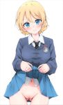  1girl amego ass_visible_through_thighs bangs black_neckwear blonde_hair blue_eyes blue_skirt blue_sweater blush braid breasts closed_mouth collared_shirt darjeeling emblem girls_und_panzer groin highres lifted_by_self long_sleeves looking_at_viewer navel necktie no_panties pleated_skirt pussy school_uniform shiny shiny_skin shirt short_hair simple_background skirt skirt_lift solo st._gloriana&#039;s_(emblem) st._gloriana&#039;s_school_uniform standing sweater swept_bangs tareme thighs uniform white_background white_shirt wide_hips 