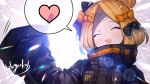  1girl :d ^_^ abigail_williams_(fate/grand_order) backlighting bangs black_bow black_jacket blonde_hair blush bow closed_eyes commentary_request crossed_bandaids eyebrows_visible_through_hair facing_viewer fate/grand_order fate_(series) hair_bow hair_bun heart heroic_spirit_traveling_outfit jacket long_hair long_sleeves nichigeckoh open_mouth orange_bow parted_bangs signature sleeves_past_fingers sleeves_past_wrists smile solo spoken_heart upper_body 