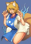  absurd_res animal_humanoid blonde_hair blush breasts canid canid_humanoid canine canine_humanoid chanta clothed clothing dress female fox_humanoid hair hi_res humanoid inner_ear_fluff legwear mammal mammal_humanoid multi_tail open_mouth paw_pose ran_yakumo short_hair slit_pupils socks solo teeth touhou video_games yellow_eyes 