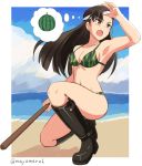  1girl armpits bangs bikini blindfold_removed blue_sky blunt_bangs blunt_ends boots breasts brown_eyes cleavage cloud cloudy_sky collarbone food fruit girls_und_panzer long_hair mayomaru1 navel nishi_kinuyo ocean open_mouth sky solo squatting stick swimsuit thighs tongue twitter_username watermelon 