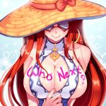  1girl body_writing bow breasts cleavage cleavage_cutout darklux earrings hat highres hoop_earrings jewelry large_breasts league_of_legends long_hair pool_party_miss_fortune red_bow red_hair sarah_fortune sideboob smile solo straw_hat sunglasses swimsuit upper_body 