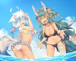  2girls ahoge animal_ear_fluff animal_ears bikini black_bikini blue_sky breasts brown_hair cleavage dated day fang frilled_bikini frills gradient_hair green_eyes kuromiya kuromiya_raika large_breasts long_hair looking_at_another multicolored_hair multiple_girls one_eye_closed open_mouth original shiromiya_asuka short_hair sky splashing standing swimsuit tail two-tone_hair water white_bikini white_hair 