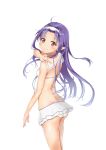  1girl absurdres ahoge ass bangs bare_back bare_shoulders bikini_skirt blush commentary_request eyebrows_visible_through_hair from_behind hairband highres long_hair looking_at_viewer okaki_wtvc3785 pointy_ears purple_hair red_eyes simple_background smile solo swimsuit sword_art_online w white_background yuuki_(sao) 