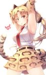  1girl absurdres animal_ear_fluff animal_ears animal_print armpits bare_shoulders belt blonde_hair blush clouded_leopard_(kemono_friends) collared_shirt commentary_request cowboy_shot elbow_gloves eyebrows_visible_through_hair gloves hair_ornament hair_scrunchie high-waist_skirt highres kanzakietc kemono_friends leopard_ears leopard_print leopard_tail long_hair necktie pleated_skirt print_gloves print_skirt red_neckwear scrunchie shirt skirt sleeveless solo tail yellow_eyes 