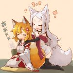  2girls :d ^_^ animal_ear_fluff animal_ears beige_background black_legwear blonde_hair closed_eyes commentary_request eyebrows eyebrows_visible_through_hair fang fox_ears fox_tail hair_ornament highres japanese_clothes kareya kneeling long_hair massage miko multiple_girls open_mouth senko_(sewayaki_kitsune_no_senko-san) sewayaki_kitsune_no_senko-san shiro_(sewayaki_kitsune_no_senko-san) short_hair silver_hair simple_background sitting smile steam tail tea thighhighs wariza wide_sleeves 