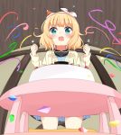  1girl absurdres bangs birthday birthday_cake black_shirt blonde_hair blue_dress blue_eyes blurry blurry_foreground brown_jacket burning cake candle collarbone collared_shirt commentary_request confetti depth_of_field dress drooling eyebrows_visible_through_hair fire food fork fur-trimmed_hat fur_trim gochuumon_wa_usagi_desu_ka? hair_ribbon hat highres holding holding_fork holding_spoon indoors jacket kirima_sharo kneeling kousaka_nobaku long_sleeves mini_hat mouth_drool open_clothes open_jacket open_mouth party_hat ribbon shirt solo spoon streamers table tears tilted_headwear white_ribbon 