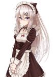  1girl 9a-91_(girls_frontline) alternate_costume apron bangs blue_eyes blush breasts dress eyebrows_visible_through_hair girls_frontline hair_between_eyes hair_ornament hairclip hands_together highres long_hair looking_at_viewer maid maid_headdress medium_breasts rabochicken silver_hair smile solo very_long_hair white_background 
